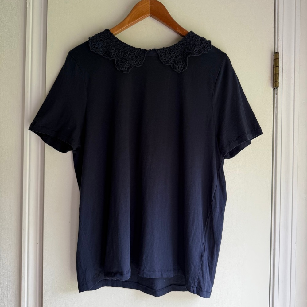J.Crew Navy Blue Eyelet Lace Peter Pan Collar Cotton T-Shirt Womens Medium